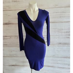 Isabel De Pedro Royal Blue Bodycon Long Sleeve Dress with black velvet detail 4